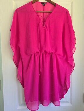 Express Hot Pink Chiffon Lace-Up Kaftan Tunic Mini Dress S
